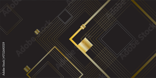 Sophisticated abstract geometric pattern with luxurious gold lines and squares on a dark modern background.