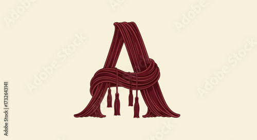 A" formed by draped burgundy fabric with tassels on a cream background
