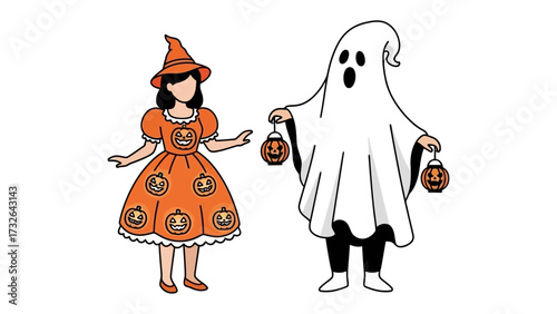 Halloween Costumed Duo: A charming pair of figures, one a witch, the other a friendly ghost, engage in a delightful trick-or-treat moment, illuminated by the warm glow of jack-o'-lanterns.