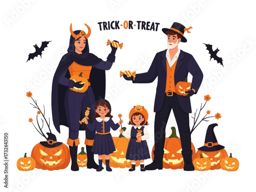 Happy Halloween Celebration: A family dressed up in costumes for trick-or-treating, sharing candy, with a playful and spooky vibe.