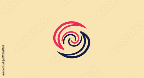 Circular vortex created with red & navy lines on a light yellow backdrop