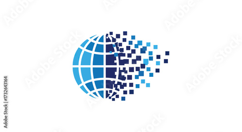 World globe turning into blue squares on white