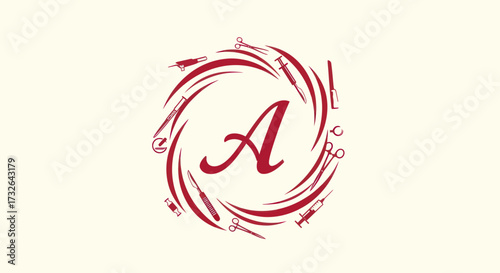 Burgundy "A" circled by surgical instruments on cream backdrop