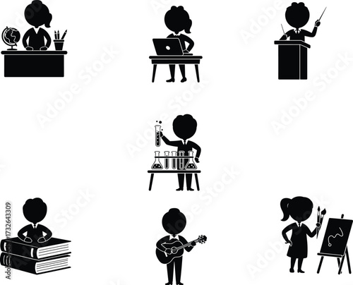 Education silhouettes set, creative learning icons, science art music illustration, teacher student study, online learning, classroom concept, academic diversity, knowledge