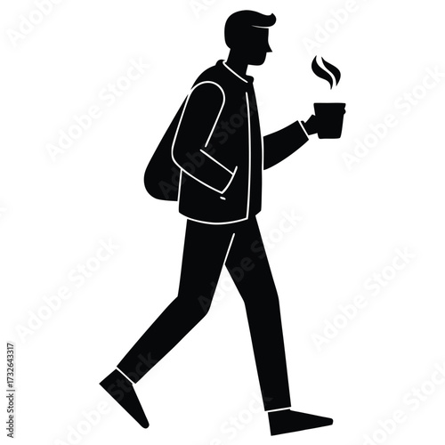 Silhouette Of Man Walking With Coffee Cup And Bag vector illustration