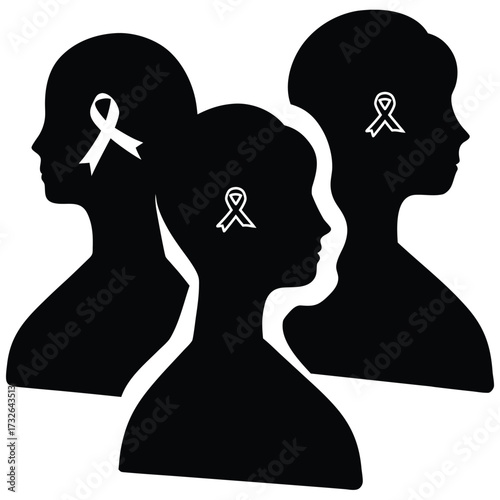 Silhouettes of three heads with white awareness ribbons inside on white background profile human