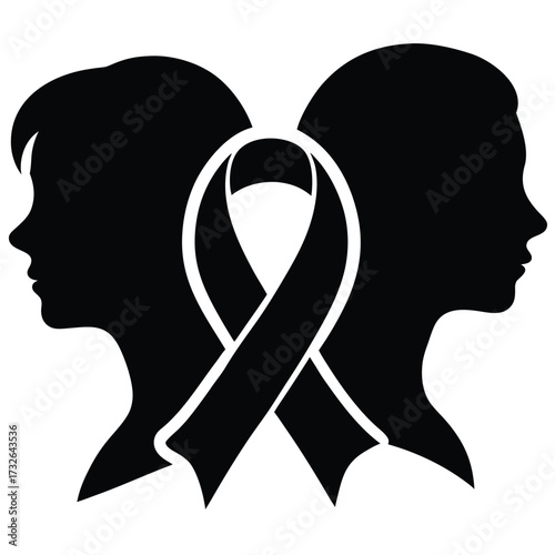 Silhouettes of two profiles facing away from each other with a ribbon woman couple