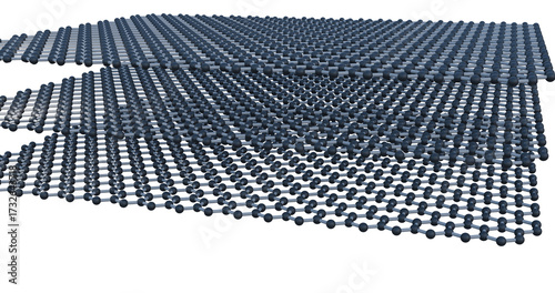 Graphite molecule close up. 3D Molecular model of graphite layer. Graphite consists of layers of carbon atoms, each bonded to three neighbors in a hexagonal, honeycomb-like structure called graphene
