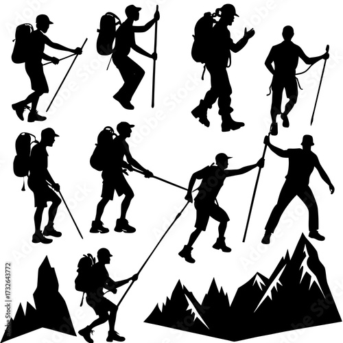 Silhouettes Hiking Vector ,  Hiker Silhouette Vector, Mountaineer Vector,  Mountain Climber Vector