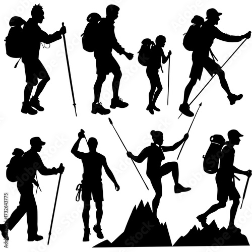 Silhouettes Hiking Vector ,  Hiker Silhouette Vector, Mountaineer Vector,  Mountain Climber Vector