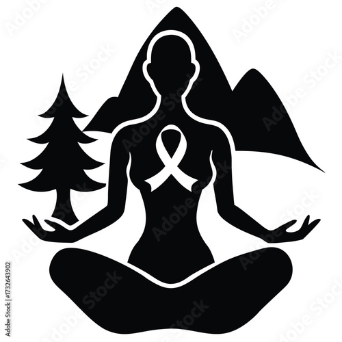Woman meditating in lotus pose with awareness ribbon and mountain landscape Keywords: 