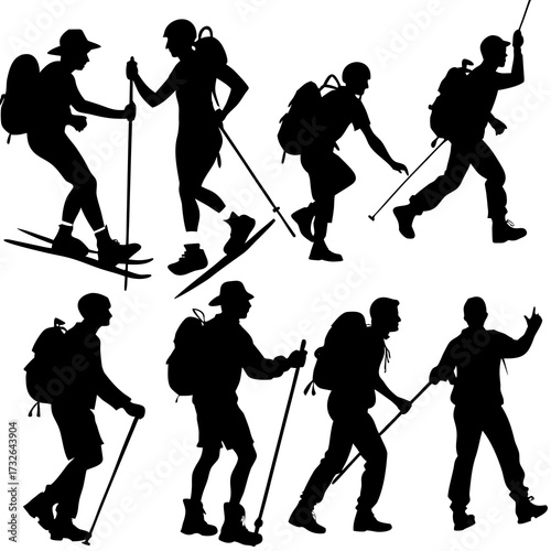 Silhouettes Hiking Vector ,  Hiker Silhouette Vector, Mountaineer Vector,  Mountain Climber Vector