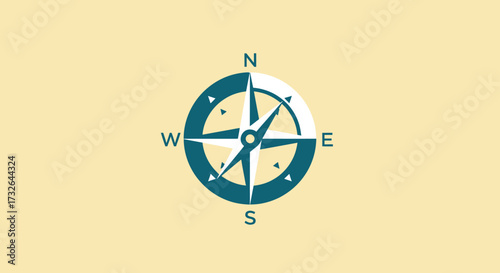 Teal compass rose pointing north on light yellow backdrop
