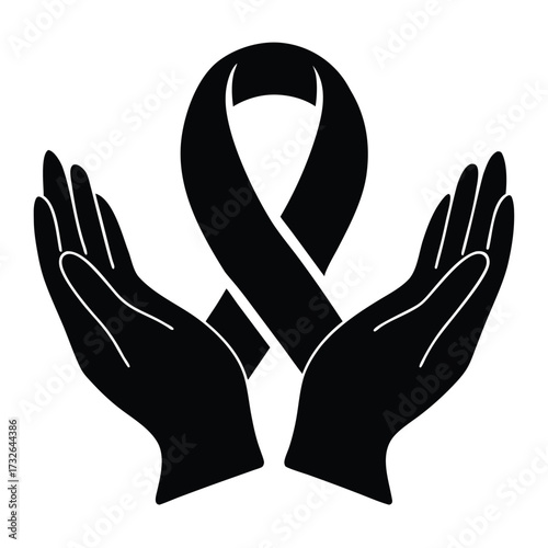 Black Ribbon Held By Open Hands Silhouette awareness support
