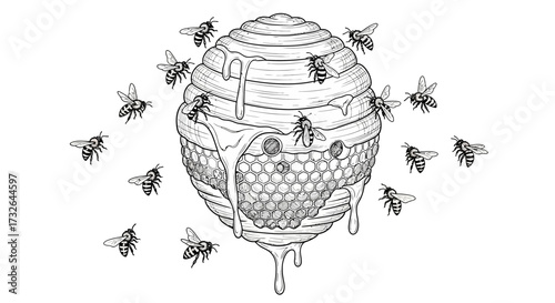 A beehive with honey dripping down and bees flying around it in a black and white illustration style