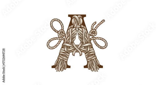 A" in rope. Knotted and wound detailed illustration, light brown color
