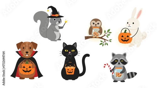Halloween Animals Characters: A captivating assembly of seven animal characters, each adorned in unique Halloween costumes. From a witch-hat-clad squirrel to a vampire-caped dog.