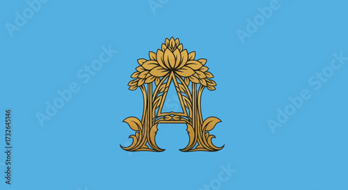 Ornate golden A-shaped floral emblem on light blue