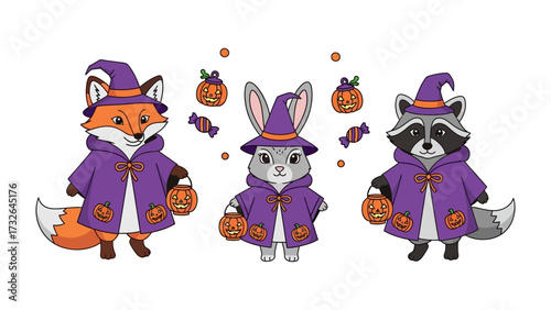 Spooky Critters Halloween: Three cute woodland creatures fox, rabbit and raccoon, costumed and ready for Halloween mischief and pumpkin treats.