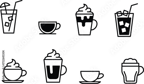 Drink cup icons, beverage glass silhouettes, coffee tea juice illustration, soda straw, whipped cream cup, beer mug, cafe design