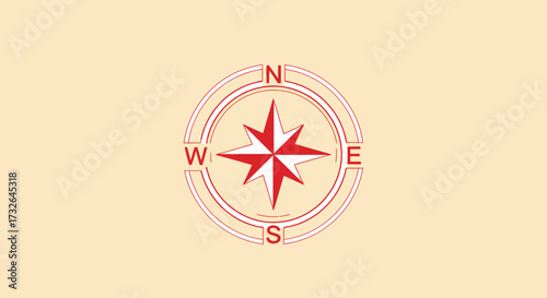 Red compass rose graphic with N, E, S, W on beige background