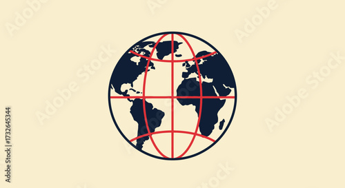 Globe framed by red grid lines, set on pale yellow background