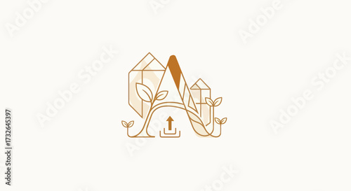 Line art with "A", houses, upload icon, leaves