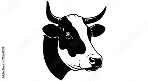 Illustration of a black and white cow head with horns and detailed eye on a white background art
