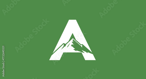 White A shape with a mountain silhouette, green background
