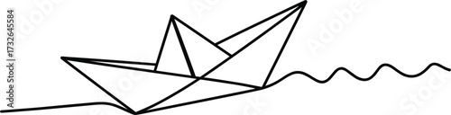 Paper Boat Floating on Wavy Water Line Icon vector illustration