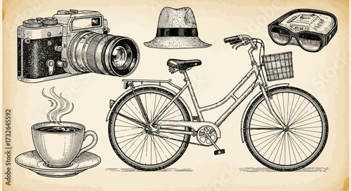 A vintage sketch featuring a camera, hat, glasses, bicycle, and a cup of coffee on a light background