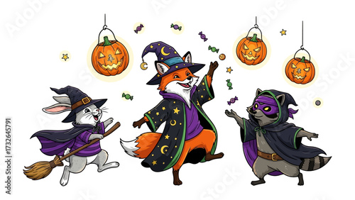 Halloween Characters' Parade: A whimsical Halloween scene with an adorable witch rabbit, a dapper fox wizard, and a masked raccoon.