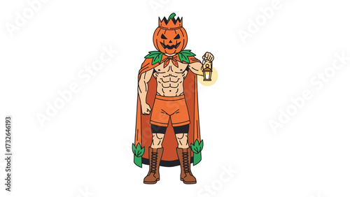 The Pumpkin King: A muscular figure with a carved pumpkin head and regal attire holds a lantern, symbolizing the enchanting spirit of autumn and Halloween's festive energy.