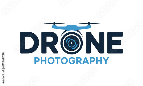 Modern drone photography logo with stylized drone and camera lens