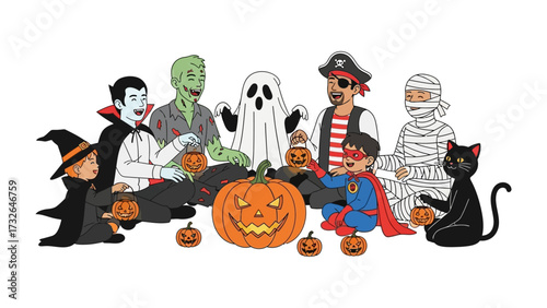 Halloween Characters Gathering: A festive assembly of diverse Halloween characters gathers, centered around a carved pumpkin and smaller pumpkins.
