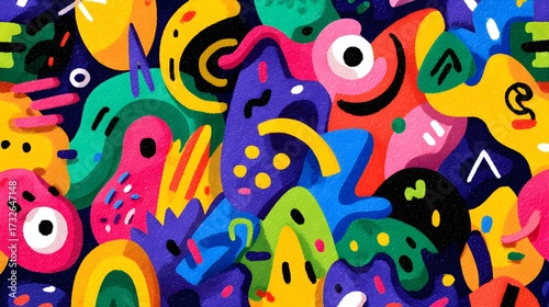 Vibrant psychedelic abstract characters crowd together in a colorful and whimsical chaotic composition vibrant colors