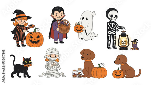 Halloween Delight: A captivating collection of cartoon characters, showcasing the whimsical side of All Hallows' Eve. Each element evokes the joyous spirit of the holiday