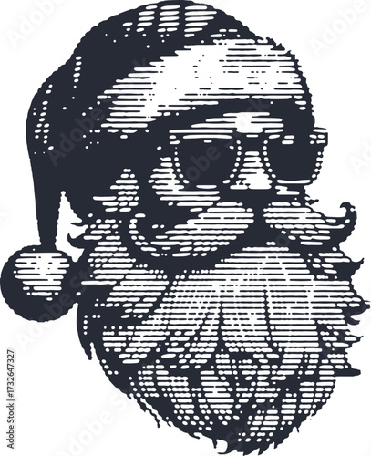 Retro linocut portrait of a cool Christmas father with a big beard and sunglasses. Monochrome winter holiday engraved style vector graphic element.