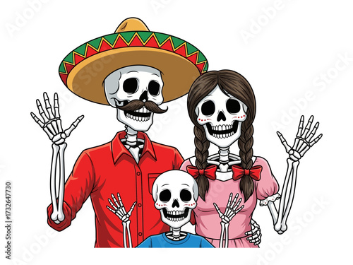 Skeleton Family Celebrates Day of the Dead: A skeleton family with red and green decorated sombrero dressed in colorful attire joyfully commemorates the Day of the Dead.
