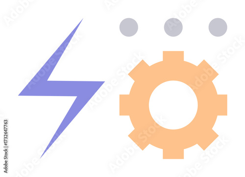 Purple lightning bolt, orange gear, and three grey dots symbolizing energy, technology, progress, and innovation. Ideal for automation, engineering, creativity power systems teamwork future
