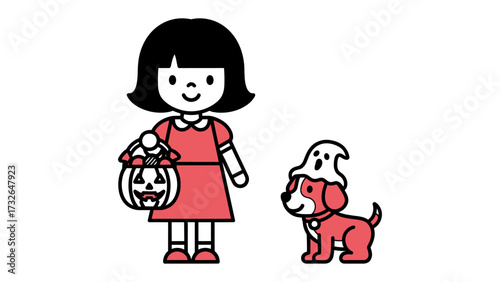 Halloween fun illustration: A young girl in a charming red dress, clutching a jack-o'-lantern treat bag, stands proudly beside her puppy who is adorably donned in a ghost hat.