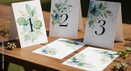 Table number cards with watercolor floral design on wood, displaying numbers one through three. Elegant table number cards enhance any wedding reception, party, or special event.