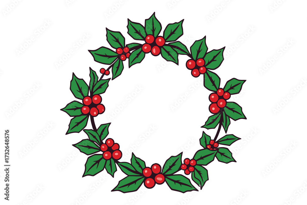 Fototapeta premium Circular wreath with holly leaves and berries in festive holiday design.