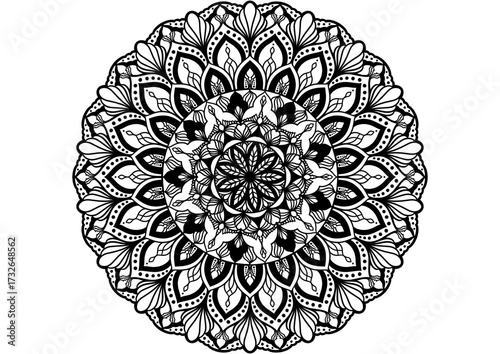 Intricate mandala coloring page with detailed floral and ornamental line art design. Perfect for relaxation, mindfulness practice, yoga, meditation, stress relief, and creative art therapy activities.