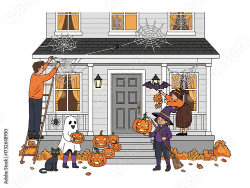 Spooky Season Preparation: A Family Gathers to Decorate a House for Halloween. The house is adorned with intricate decorations for the spooky festivities, a festive scene full of joy and togetherness