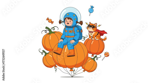 A Spacewalking on Halloween: A delightful scene unfolds as a young astronaut, accompanied by a superhero cat, embarks on a fantastical journey atop a cluster of pumpkins.