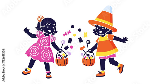 Trick-or-Treat Bonanza: Joyful children, adorned in festive costumes, gleefully exchange colorful candies during the spooktacular celebration of Halloween.