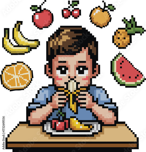 Young boy happily eating a banana surrounded by fresh fruits