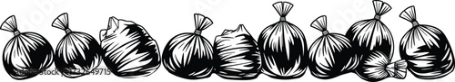 Garbage bag silhouettes, waste management illustration, trash collection, black and white design, urban cleanliness, environmental awareness, rubbish disposal, sanitation concept, recycling