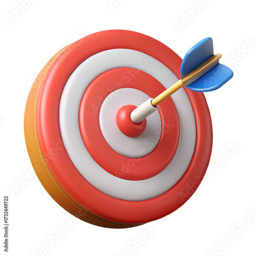 Red and white target with a blue fletched arrow hitting the bullseye